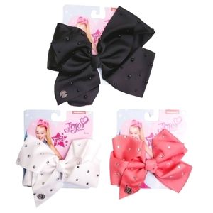 Jojo Siwa Hair Bows Clips Set of 3 Coral White Black Rhinestones Large Small Lot
